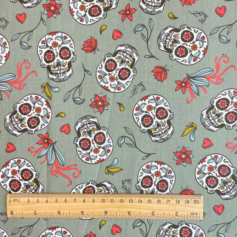 Coton imprimé CALAVERAS Kaki / Corail