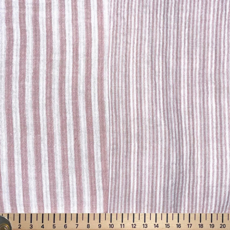 Double gaze Tissé Teint STRIPES Vieux Rose / Blanc Casse