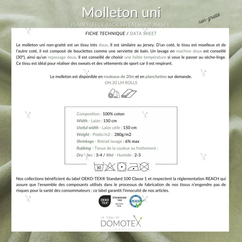 TEINTURE MOLLETON COTON UNI ROLL 20M VERT DE GRIS 150