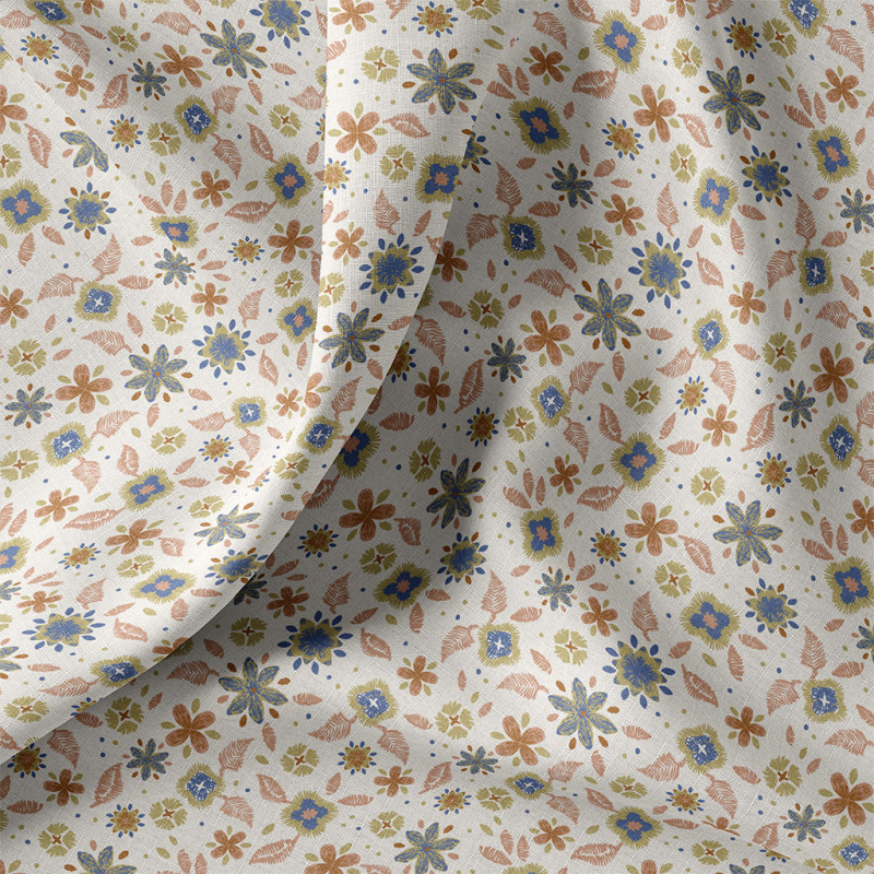 Coton Enduit Imprimé ROZIA Ecru / Bleu