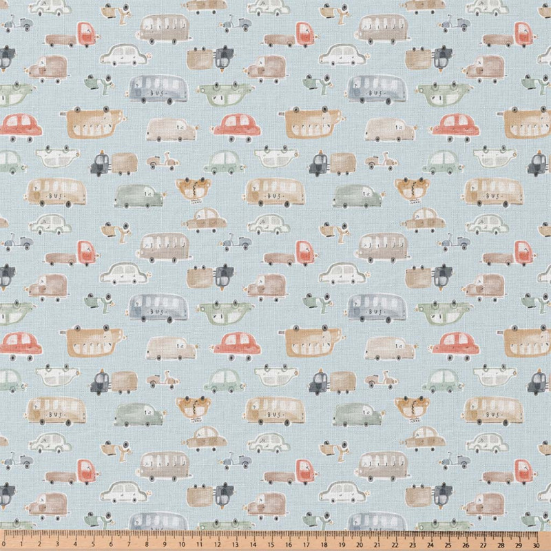 Coton imprimé TOOTOOT Bleu / Camel