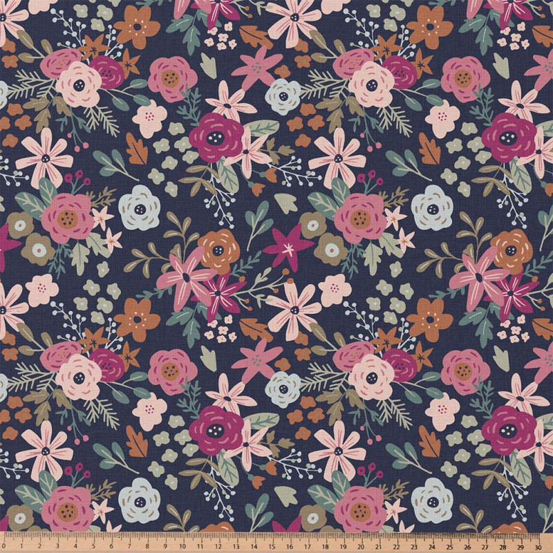 Coton imprimé OLGA Marine / Rose
