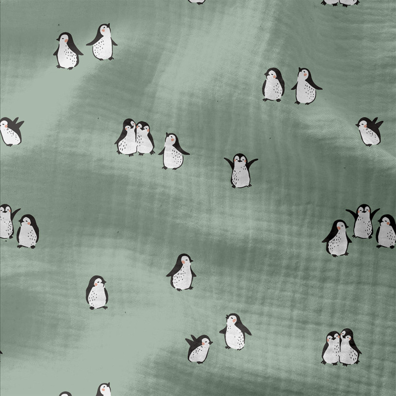 Double Gaze Imprimée PINGU Vert De Gris / Blanc