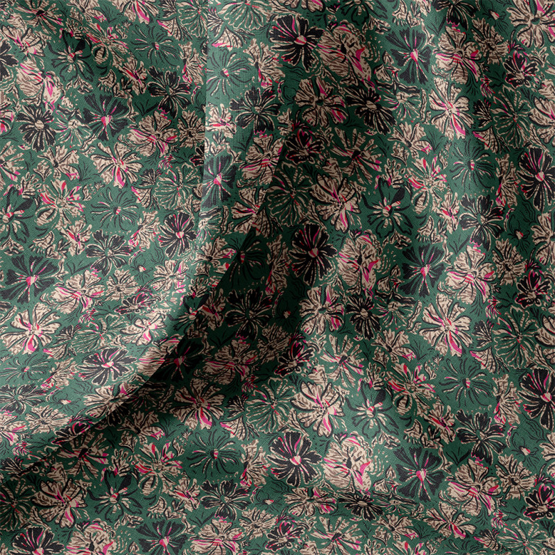 Coton Enduit Imprimé ENZA Vert / Rose