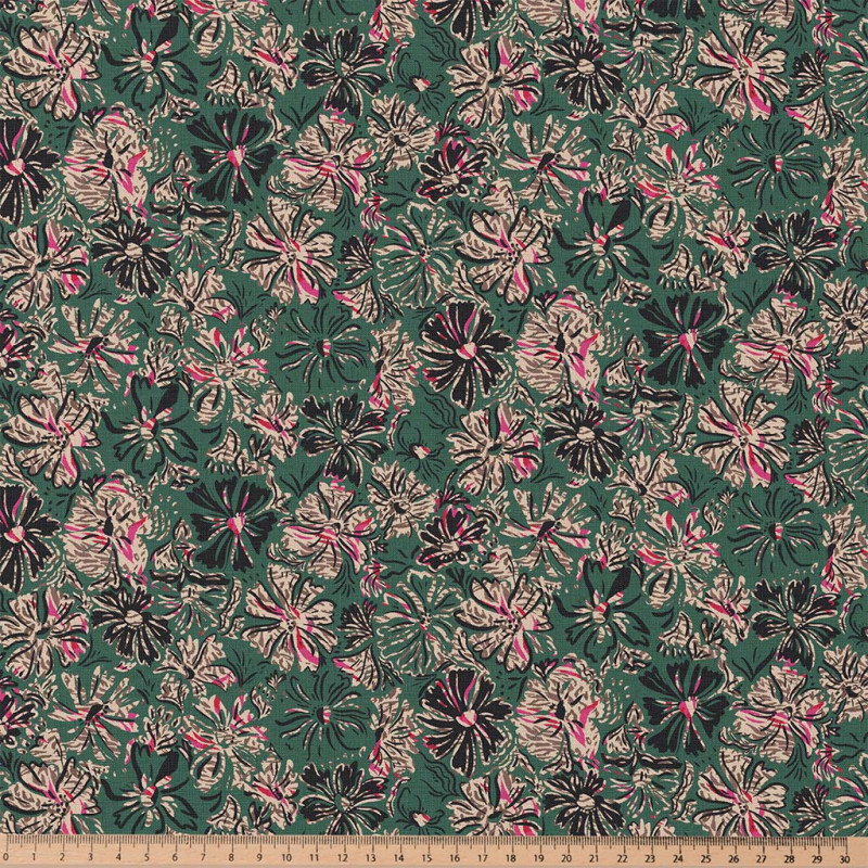 Coton Enduit Imprimé ENZA Vert / Rose