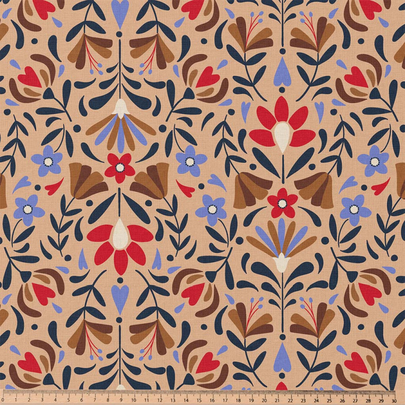 Coton Enduit Imprimé LAFLEUR Beige / Rouge