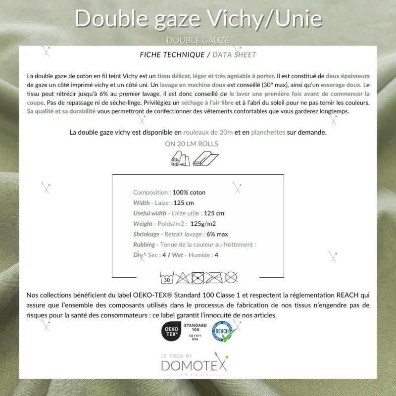 Double gaze Tissé Teint VICHY Galet / Blanc Casse